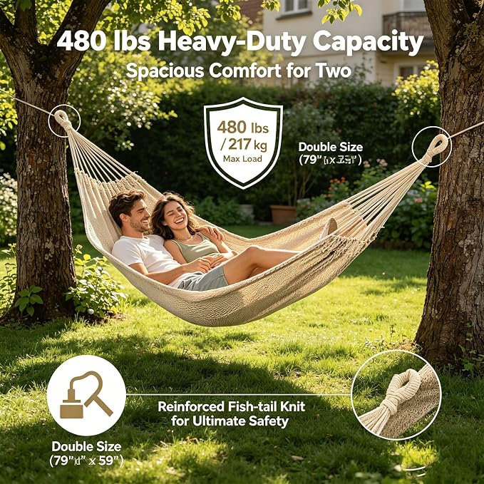 Double Mayan Handwoven Cotton Rope Hammock for Outdoor Indoor Patio Backyard, 79x59 Inch Bed, 480 lbs Capacity, 2 Person (White and tan)