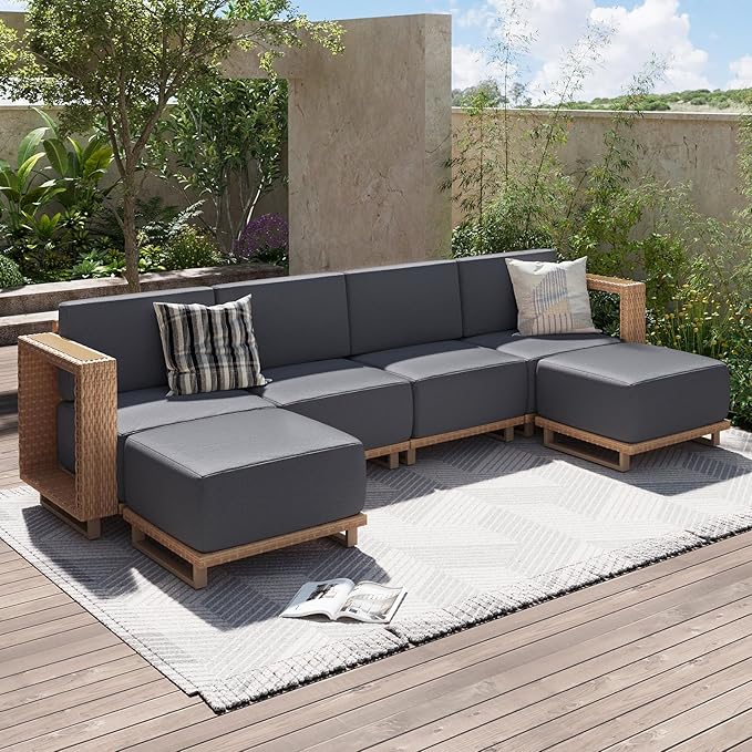 Aoxun Patio Furniture Set, 6 Piece Outdoor Wicker Sectional Sofa Set, All-Weather Rattan with 10'' Ultra-Thick Cushions, Outdoor Conversation Set for Backyard, Poolside and Garden, Yellow/Dark Gray