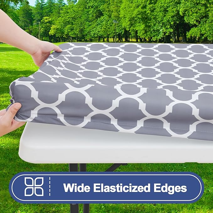 Smiry Picnic Table Cover with Bench Covers, Waterproof Elastic Fitted Tablecloth for 5 Foot Tables, Washable Polyester Tablecloths for Camping, Indoor & Outdoor (Grey, 30x60 Inch 3-pc Set)