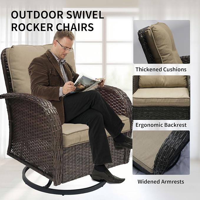 YLGJ&TIDY Outdoor Furniture Swivel Rocker Chairs 3PC Bistro Set 2 Brown Wicker Patio Glider Armchairs with Side Table Cushions Rocking Sofa for Porch Balcony Backyard Deck (Khaki, 3PCS Swivel/Table)