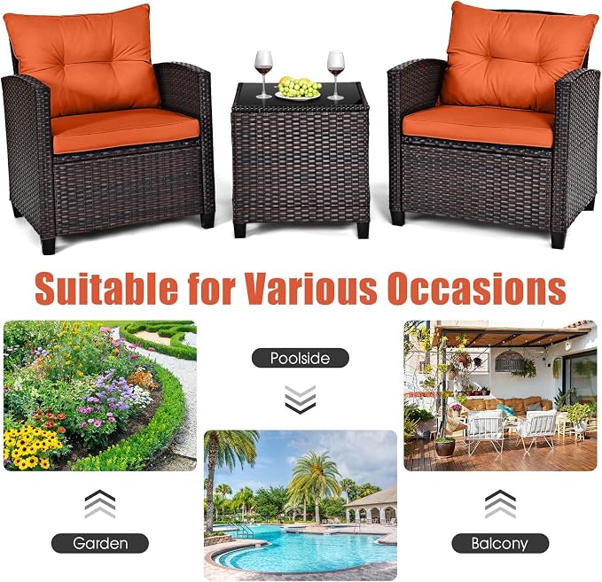 3-Pieces Patio Furniture Set, PE Wicker Chairs Sofa Set with Removable Cushions & Glass Top Side Table, Outdoor Wicker Rattan Conversation Chair for Porch,Backyard, Balcony (Orange)
