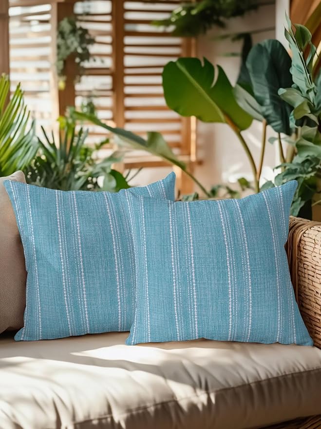 Waterproof Outdoor Pillow Set of 2 Blue Linen Stripes Decorative Throw Pillows Cover & Insert 16x16 Inch Pillowcase Parallel Vertical Lines Pillows for Couch Sofa Bed Patio Furniture Indoor Outdoor