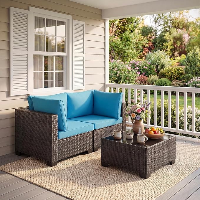 ANJ 3 Piece Outdoor Wicker Patio Furniture Set, Modular Loveseat Sofa with with Glass Top Coffee Table, All-Weather Rattan Conversation Couch Set for Balcony, Backyard, Dark Brown Wicker-Turquoise