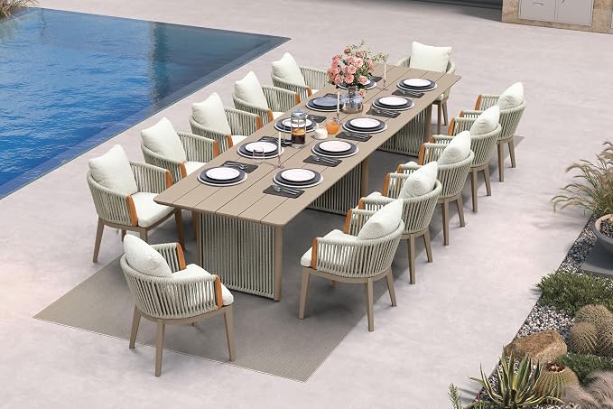 PURPLE LEAF 13 Pieces Outdoor Dining Set for 12, Aluminum Outdoor Patio Table and Chairs Set with Olefin Cushions, All-Weather Patio Dining Set for Garden or Deck, Beige