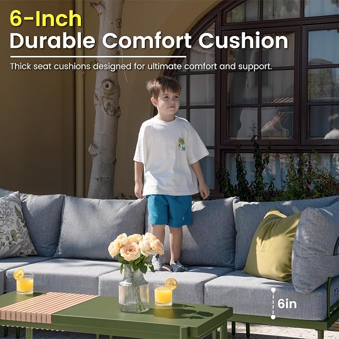 Sundale Outdoor 4 Pieces Patio Furniture Set, Metal Sectional Sofa Patio Conversation Set with 6 Inch Cushions, Modern Patio Corner Couch for Balcony, Porch, Sunroom (Grey/Green)