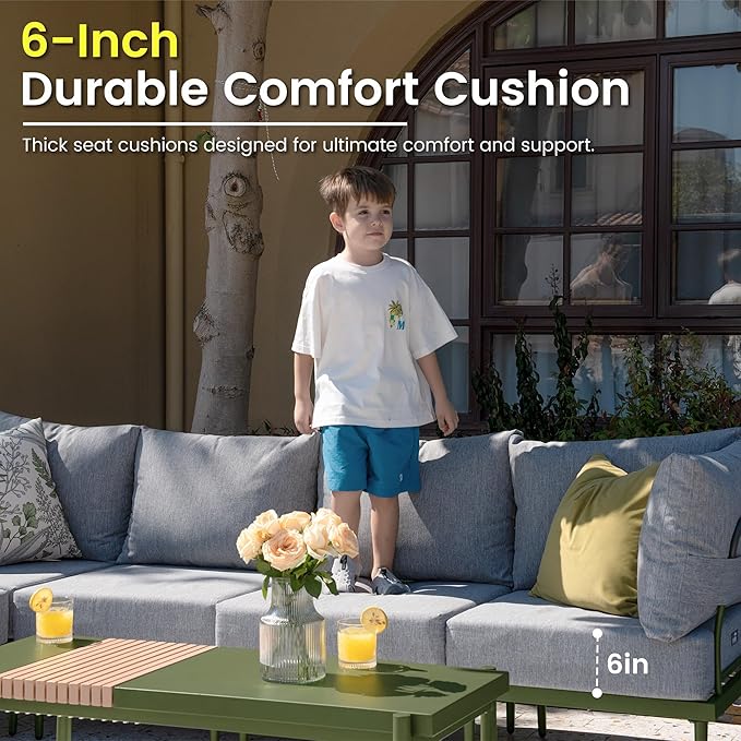 Sundale Outdoor 9 Pieces Patio Furniture Set, U-Shaped Outdoor Sectional Sofa with 6 Inch Olefin Cushion and Coffee Table, Modern Metal Outdoor Conversation Sets for Backyard, Poolside