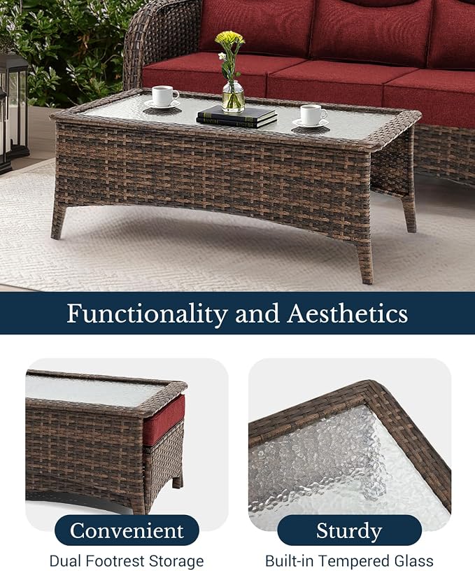 HILLGA Luxury High Back Patio Furniture Set with 6-Inch Thick Cushion, 7-Piece Outdoor Conversation Set with Sofa, Swivel Rocker Chairs & Ottomans, Ideal for Porch Pool Deck Yard (Burgundy)