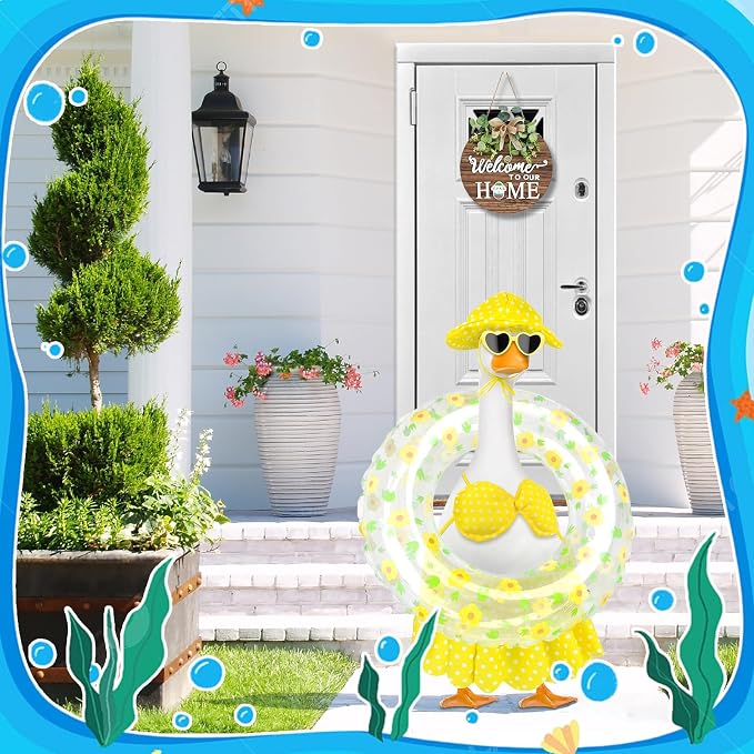 Hawaiian Goose Outfit with Sunglasses & Wreath,Porch Goose Outfits for 23" 17" Cement Plastic Goose Clothes Costumes,Garden Decor Duck Costume for Outdoor Statues(Bikini)