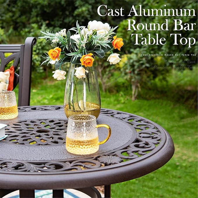 PHI VILLA 3 Pcs Cast Aluminum Patio Bistro Set, Extra Wide Armrest Dining Chairs with Cushion & 1 Round Bistro Dining Table with Umbrella Hole