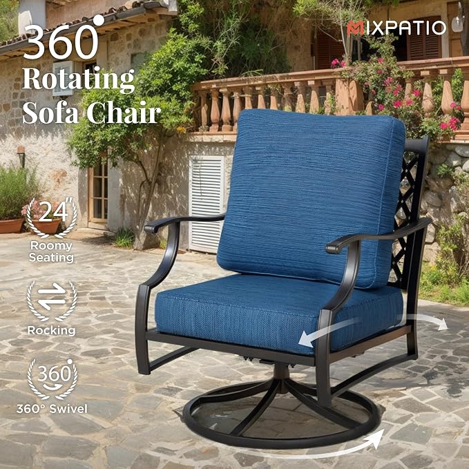 MIXPATIO Patio Furniture Set 4 pcs, Metal Outdoor Patio Furniture, 3-Seat Sofa, 2 Swivel Chairs, Coffee Table and 5.75" Extra Thick Cushion, Conversation Set for Backyard Deck, Gemstone Blue