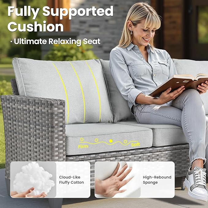 ovios 5 Pieces Patio Furniture Set, Outdoor Wicker Rattan Sofa Couch with Loveseat, Chairs, Glass Coffee Table, Conversation Sets for Yard Porch Garden, Grey