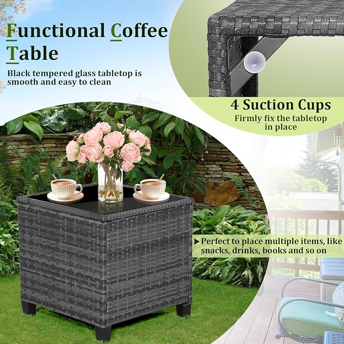 Patio Furniture Set, 3 Pcs Outdoor Wicker Conversation Set with Glass Coffee Table, Patio Chairs w/Washable Cushions, PE Rattan Outdoor Furniture Set for Porch Garden Backyard (Black)