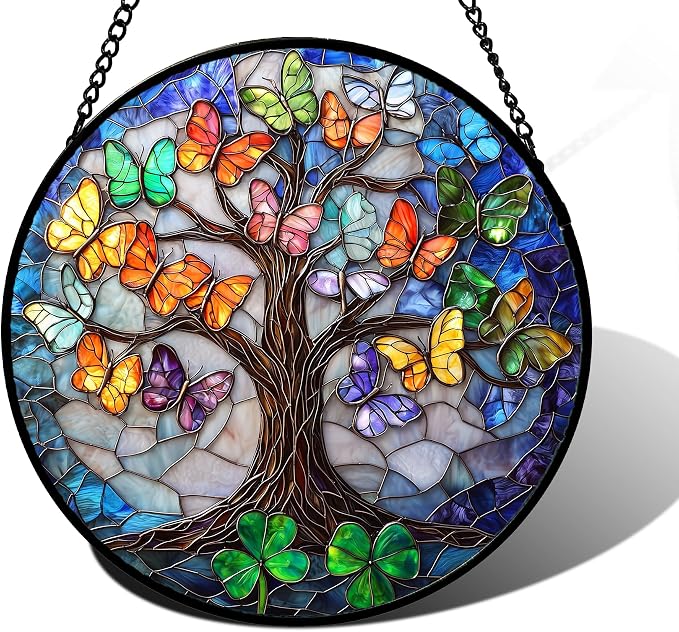 DASTOLL Stained Glass Window Hanging, Butterfly Tree Clover Sun Catchers Glass Panel Blue Suncatcher Decor for Birthday for Women, Men, Wife, Aunt, and Mom 7.8 in