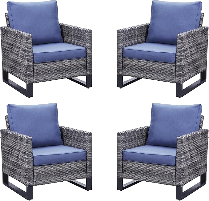 Belord Outdoor Wicker Chair Patio Chairs Set of 4, All Weather Rattan Club Chairs 4 Piece Furniture Set with Leveling Feet Water-Resistant Cushion Anti-Rust Frame