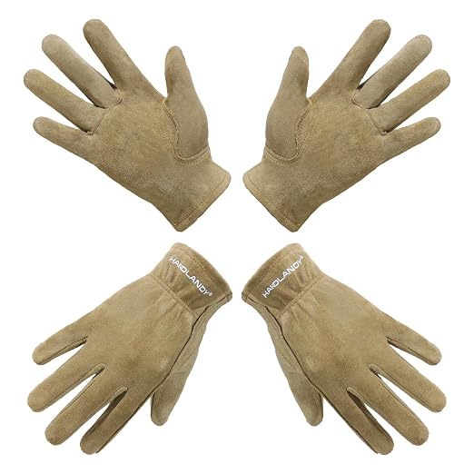 HANDLANDY 2 Pairs Kids Leather Gardening Gloves, Kid Work Gloves, Khaki, M | Durable Soft Breathable Yard Work Cycling Outdoor Playing Glove for Age 2-9, for Children, Boys, Girls, Toddlers, Great Gift