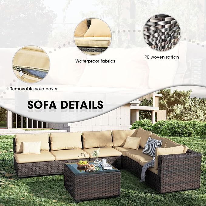 Patio Furniture Set 5 Piece All Weather PE Rattan Outdoor Sectional Sofa Couch with 4 x arm Sofa, No-Slip Cushions and Glass Top Table for Garden, Poolside, Backyard (Beige)