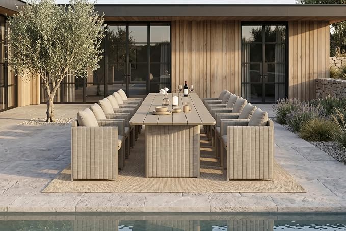 PURPLE LEAF Luxury 12-Person Outdoor Dining Set 189-Inch Aluminum Patio Table with Handwoven Olefin Rope Chairs, Cushioned Seating for Large Gatherings, Estate Patio and Poolside Entertaining Beige
