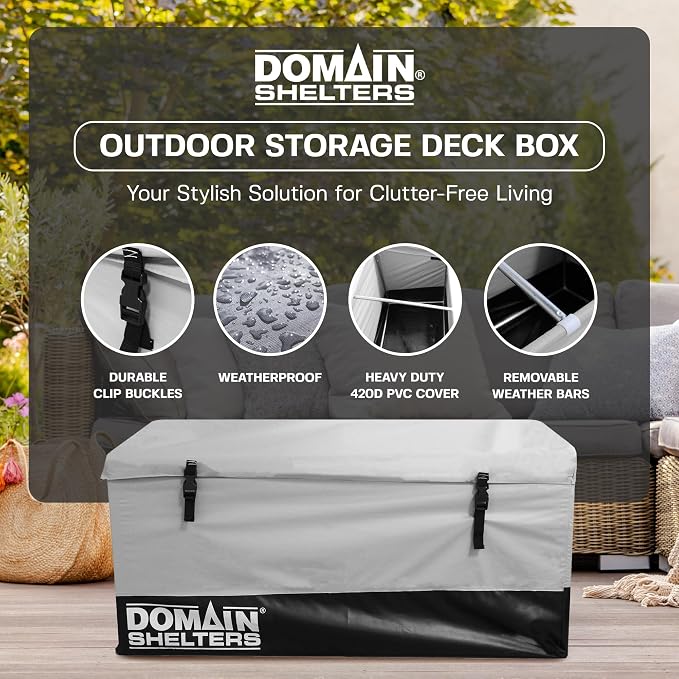 Domain Shelters 117 Gallon 4 x 2 x 2 Foot Outdoor Patio Backyard Garden Storage Container Deck Box w/Removable Weather Bars & Clip Buckles, Gray/Black
