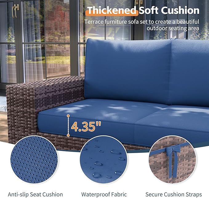 UDPATIO Patio Furniture Set with Fire Pit Table, 8 Inch Armrest 7 Piece Outdoor Sectional Sofas, All-Weather Wicker Conversation for Garden, Backyard, Brown/Navy Blue