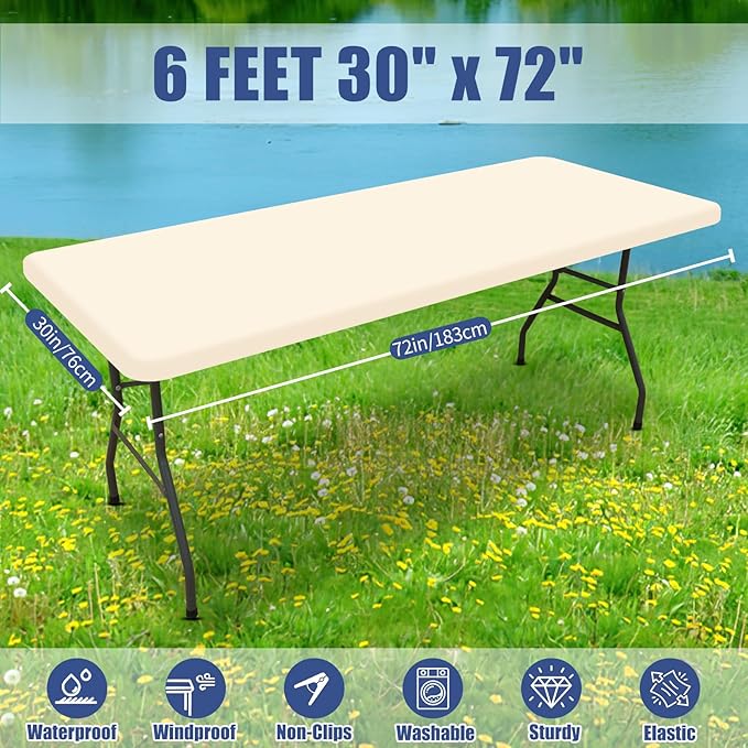 Moosfor Spandex 6 Foot Rectangle Table Cloth 2 Pack, Elastic Fitted Tablecloths for Picnic, Stretch Washable Patio Table Cover for Outdoor, Camping, Banquet and Parties (Champagne, 30"x72")