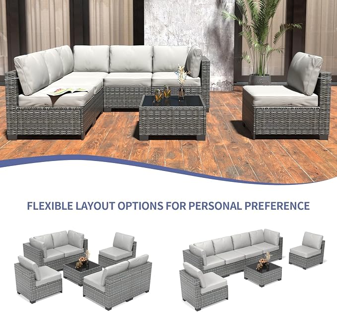 GarveeHome 7 Piece Patio Furniture Set, PE Rattan Wicker Sectional Sofa Set with Cushions & Glass Top Coffee Table, Outdoor Conversation Furniture for Garden, Balcony, Porch, Backyard
