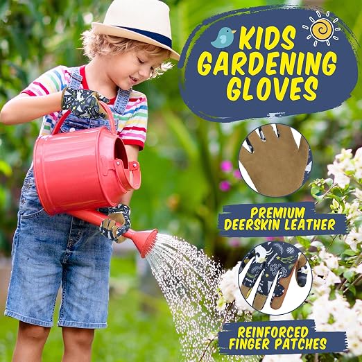 HANDLANDY 2 Pairs Kids Leather Gardening Gloves, Kid Work Gloves, Blue, L | Durable Soft Breathable Yard Work Cycling Outdoor Playing Glove for Age 2-9, for Children, Boys, Girls, Toddlers, Great Gift