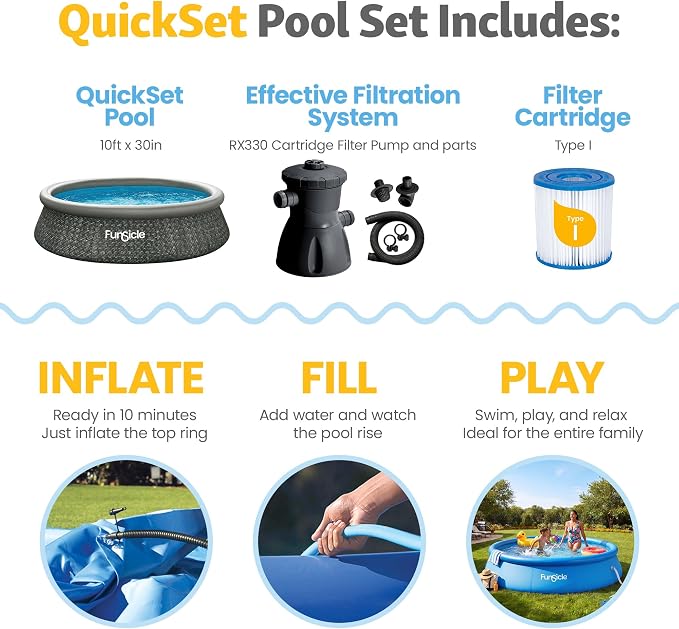 Funsicle Quickset Designer 10' x 30" Round Above Ground Swimming Pool, with FiltraBoost 400 GPH Filter Pump, Type I Filter Cartridge & Repair Patch, Dark Herringbone