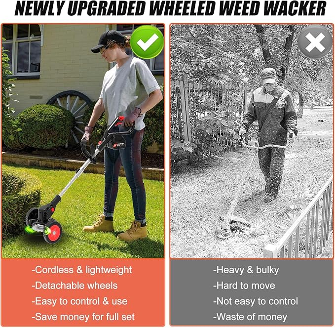 Electric Cordless Weed Wacker Eater with 4 Types Blades & Wheels 2 X 2.0Ah Battery Powered 3-in-1 String Trimmers/Grass Trimmer/Lawn Edger/Brush Cutter Lightweight Garden Tool for Garden Yard