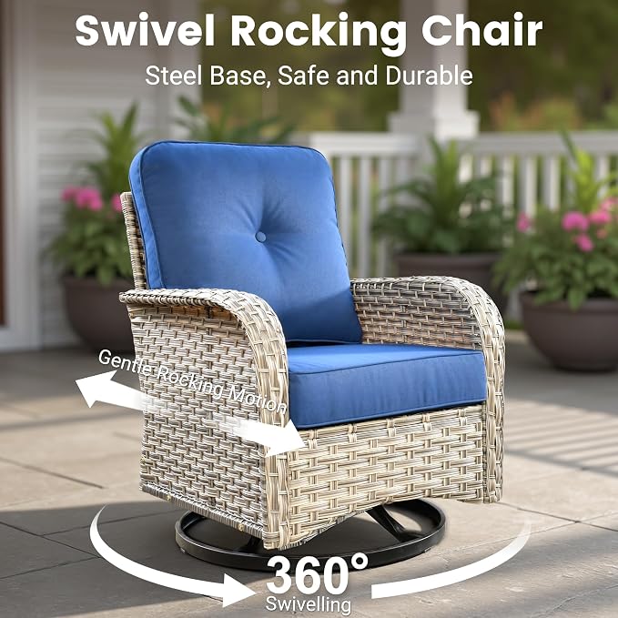 Outdoor Sectional Patio Furniture Set with Fire Pit Table,9 Pieces Rattan Wicker Conversation Sets L Shaped Couch,Outside Furniture with Swivel Chairs Glowing Coffee Table,Navy Blue