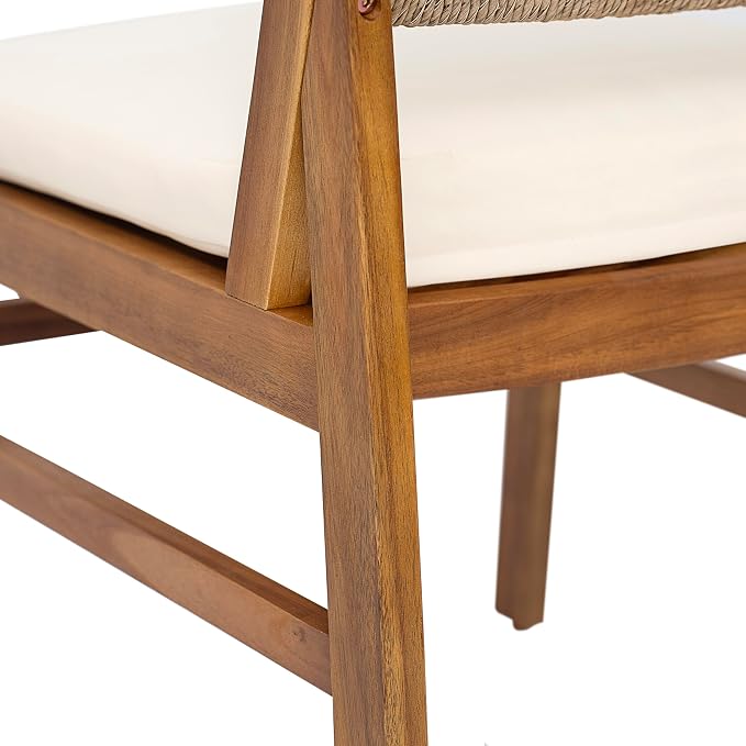 Christopher Knight Home 5 Piece Outdoor Dining Set Acacia Wood Square Table and 4 Light Brown Wicker Chairs with Cream Cushions Teak Finish Patio Furniture Set for Garden Backyard Balcony