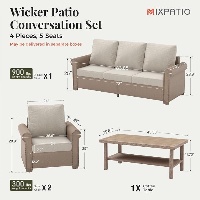 MIXPATIO Patio Furniture Set, 4 Piece Wicker Outdoor Furniture Set with Fire Pit Table & Thick Waterproof Cushions, 5 Seats Patio Conversation Set for Backyard Deck, Beige