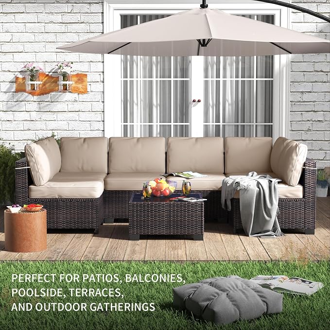 GarveeHome 7 Piece Patio Furniture Set, PE Rattan Wicker Sectional Sofa Set with Cushions & Glass Top Coffee Table, Outdoor Conversation Furniture for Garden, Balcony, Porch, Backyard