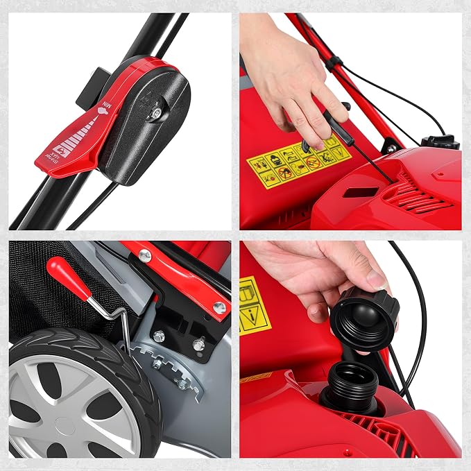 3-in-1 Gas Lawn Mower, 173CC Self Propelled Lawn Mower with 60L Grass Bag, 20" Cutting Deck, Adjustable Cutting Height Foldable Clearance Lawns Mowers Cordless for Yard & Garden Care 2800rpm Red