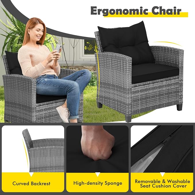 Patio Furniture Set, 3 Pcs Outdoor Wicker Conversation Set with Glass Coffee Table, Patio Chairs w/Washable Cushions, PE Rattan Outdoor Furniture Set for Porch Garden Backyard (Black)