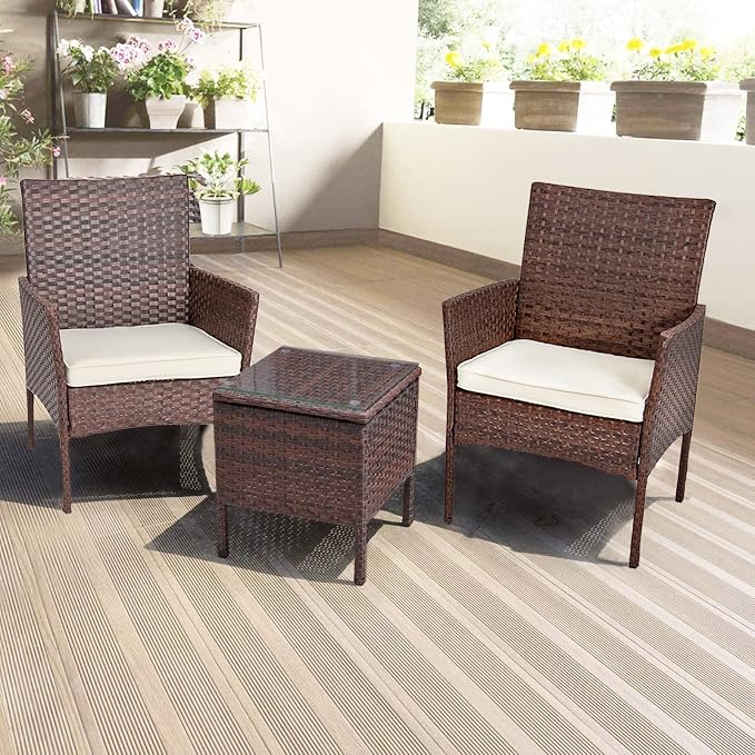 DIMAR GARDEN 3 Pieces Outdoor Patio Furniture Set Porch Conversation Rattan Wicker Chairs with Coffee Table,Mix Brown