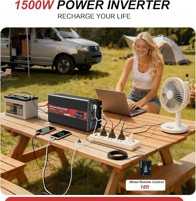 1500W Power Inverter 12V to 110V 120V AC Pure Sine Wave Inverter for RV Truck Camping,Outdoor Off-Grid Power Converter with LCD Display,Wired Controller,AC Outlets USB Ports (12V-1500Watt)