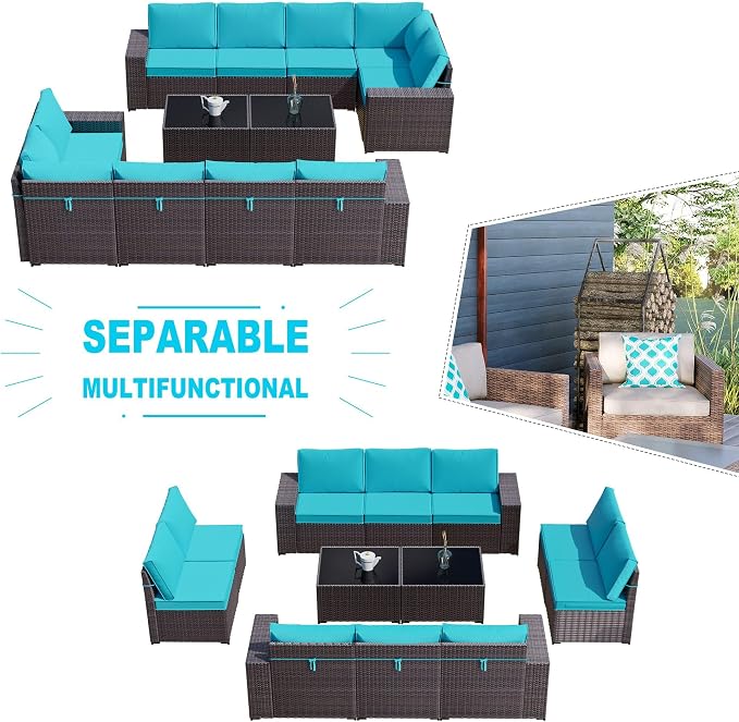 Kullavik 12PCS Outdoor Patio Furniture Set PE Wicker Rattan Sectional Sofa Patio Conversation Sets,Blue
