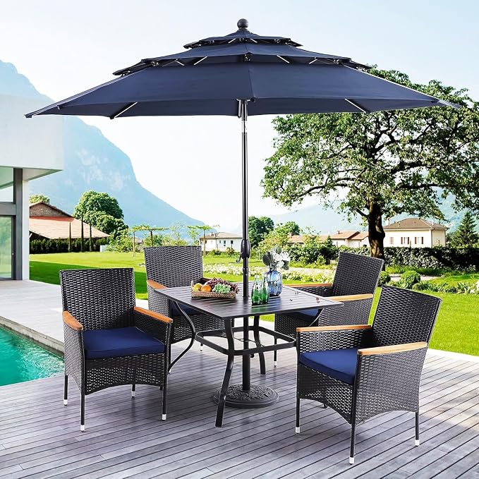 PHI VILLA 5pc Patio Dining Set with Umbrella, Square Table, Rattan Chairs | 37" Metal Table, Cushioned PE Rattan chairs, 10ft Navy Blue 3 Tier Auto-tilt Umbrella (Base Not Included)