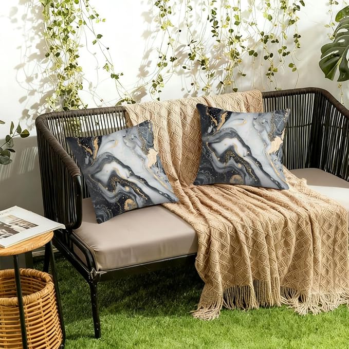 22x22 Inch Outdoor Pillow Covers Set of 2 Waterproof Throw Pillow Covers Decorative Couch Cushion Covers Black Grey Marble Square Pillowcases Protectors for Patio Garden Sofa