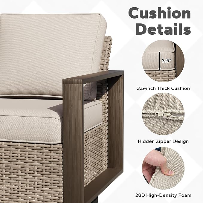 Joyside Outdoor Patio Wicker Sofa, 3-Seater Rattan Sofa with Thick Olefin Cushions and Metal Steel Rectangular Framed Armrest -Looking Metal Armrest Suitable for Garden, Backyard, Porch, Deck, Beige