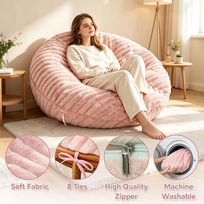 Fluffy Shaggy Cover for Papasan Cushion Cover, 50 Inch, Machine Washable | Super‑Soft Faux Fur Papasan Chair Cushion Cover, 8 Ties Keep Cover Secure, Long‑Zipper for Easy Removal, Pink (Only Cover)