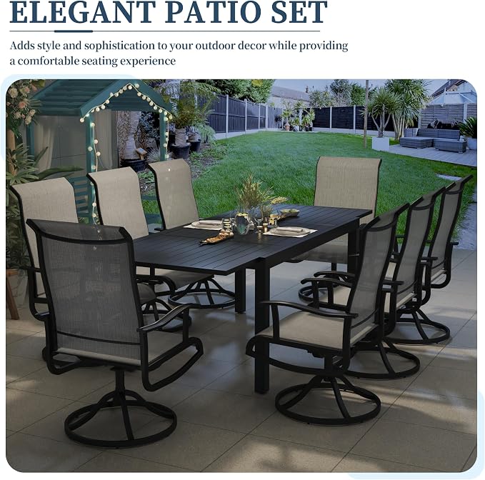 PIZZELLO 11 Pieces Patio Dining Set, 106" Extendable Aluminum Patio Dining Table w/ 10Pcs Textilene Swivel Patio Chairs, All-Weather Outdoor Table and Chairs Sets for Backyard, Garden and Deck