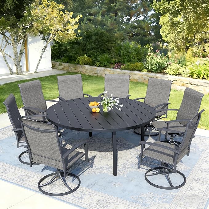 9 Piece Patio Dining Set - Round Patio Table & 8 Swivel Rocking Patio Chairs, Outdoor Patio Furniture with Textilene Fabric High Back Chairs for 8 Person, Gray
