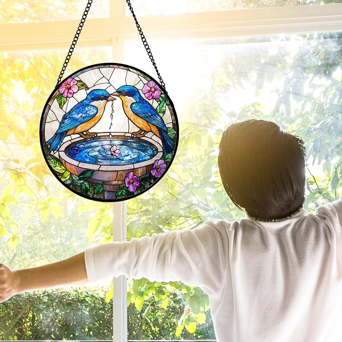 DASTOLL Stained Glass Window Hanging, 2 Blue Birds Suncatcher Diamond Glass Panel Hangings Bird Lover Sun Catchers Decor for Birthday for Women, Men, Wife, Aunt, and Mom 11.8x11.8 in
