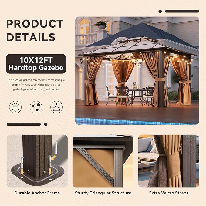 Aoxun 10'x12' Hardtop Gazebo, Outdoor Metal Gazebo with Double Polycarbonate Roof Canopy, Permanent Pavilion with Netting and Curtains for Lawn, Garden, Patio (Khaki)