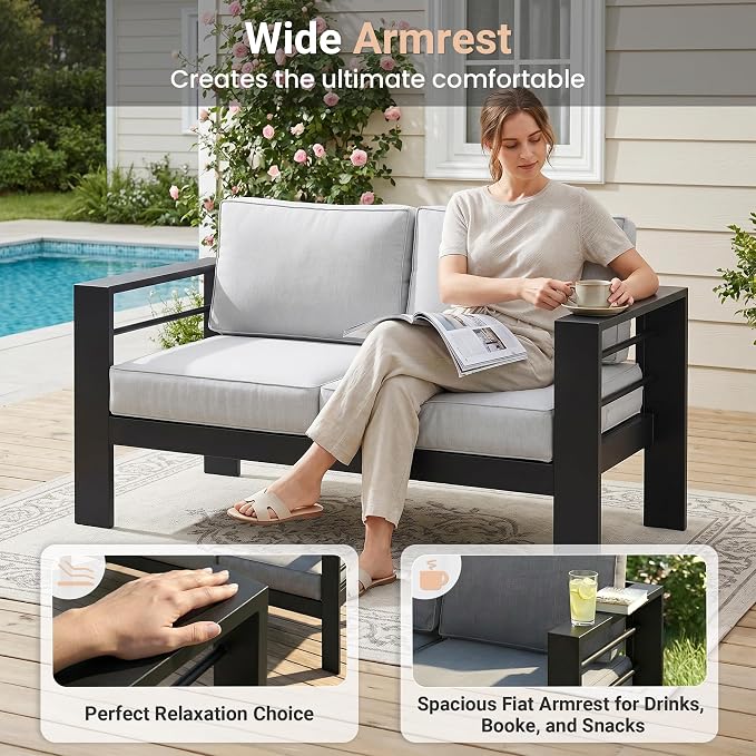 Solaste Aluminum Patio Loveseat, Metal Patio Sofa with Water-Resistant Cushion, Weather-Resistant Modern Outdoor Loveseat, Black Frame Grey Cushion
