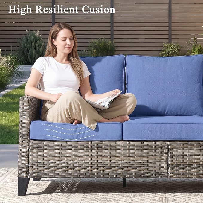Luxury Patio Furniture sofa Set - 7 Pieces All Weather Wicker Outdoor Couch and High Back Swivel Rocker Patio Chairs with Sofa & footstools for Deck Yard and Poolside Gray Wicker | Blue Cushions