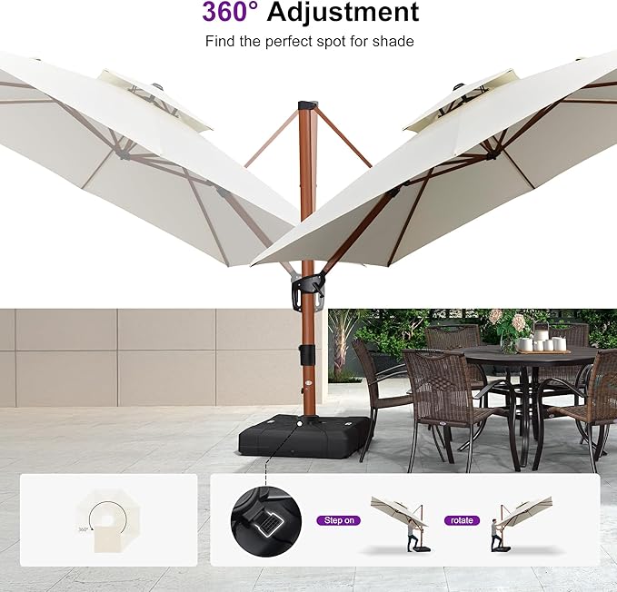 PURPLE LEAF 9' X 12' Double Top Deluxe Wood Pattern Rectangle Patio Umbrella with Base Offset Hanging Umbrella Outdoor Market Umbrella Garden Umbrella, Cream