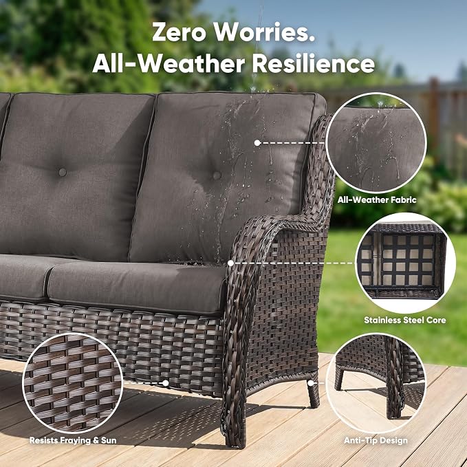 Belord Patio Sofa Luxury PE Wicker 3-Seater Outdoor Couch, Modern All-Weather High Back Deep Seat Woven Furniture Set for Porch, Deck, Balcony, Backyard - Brown/Grey