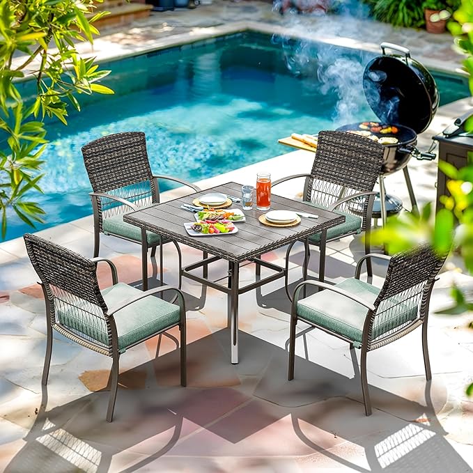 Pamapic 5 Piece Patio Dining Set, Green, Weather Resistant PE Rattan Table and Chairs, Comfortable Cushions, Easy Maintenance